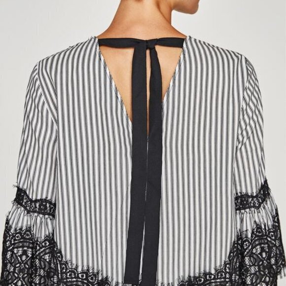 Zara Striped Bell Sleeve Top with Lace Detailing Womens Size S Blouse Crewneck - Picture 3 of 11